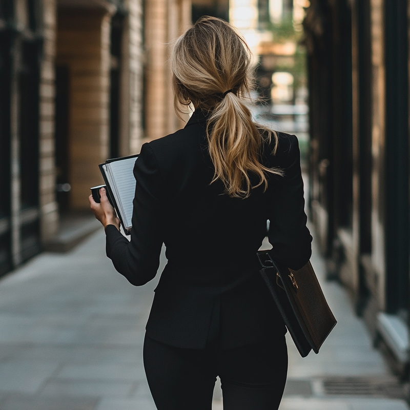 Busy professional woman walking to work with a planner in hand