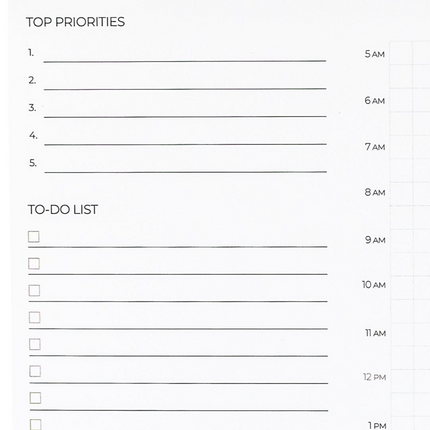 Close-up of 24-Hour Planner Pad showing top priorities, to-do list, and grid-style hourly layout